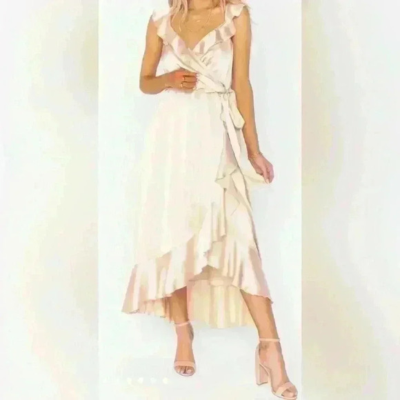 Samantha Ruffle Wrap Dress Champagne Satin Size XL NWOT - Picture 1 of 3